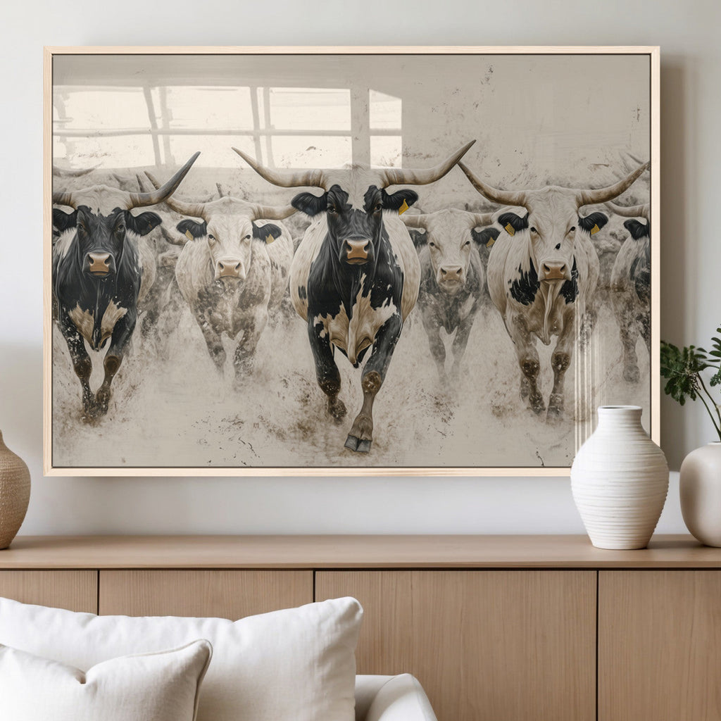 Texas Longhorn Wall Art | Framed Cattle Walking Canvas