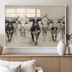 Texas Longhorn Wall Art | Framed Cattle Walking Canvas