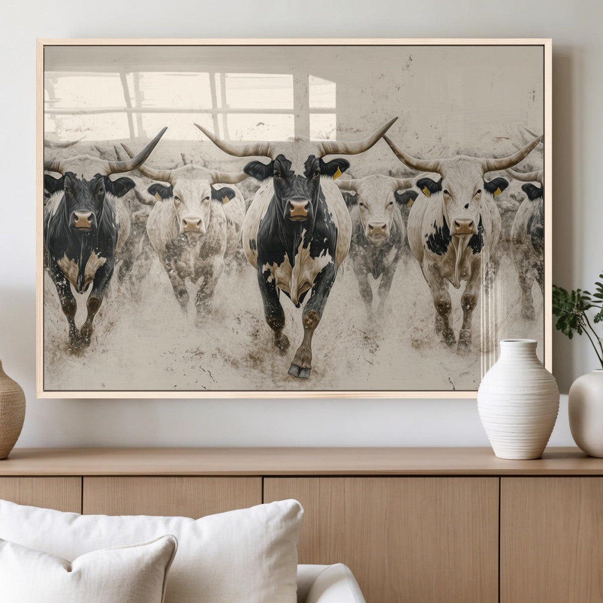 Texas Longhorn Wall Art | Framed Cattle Walking Canvas