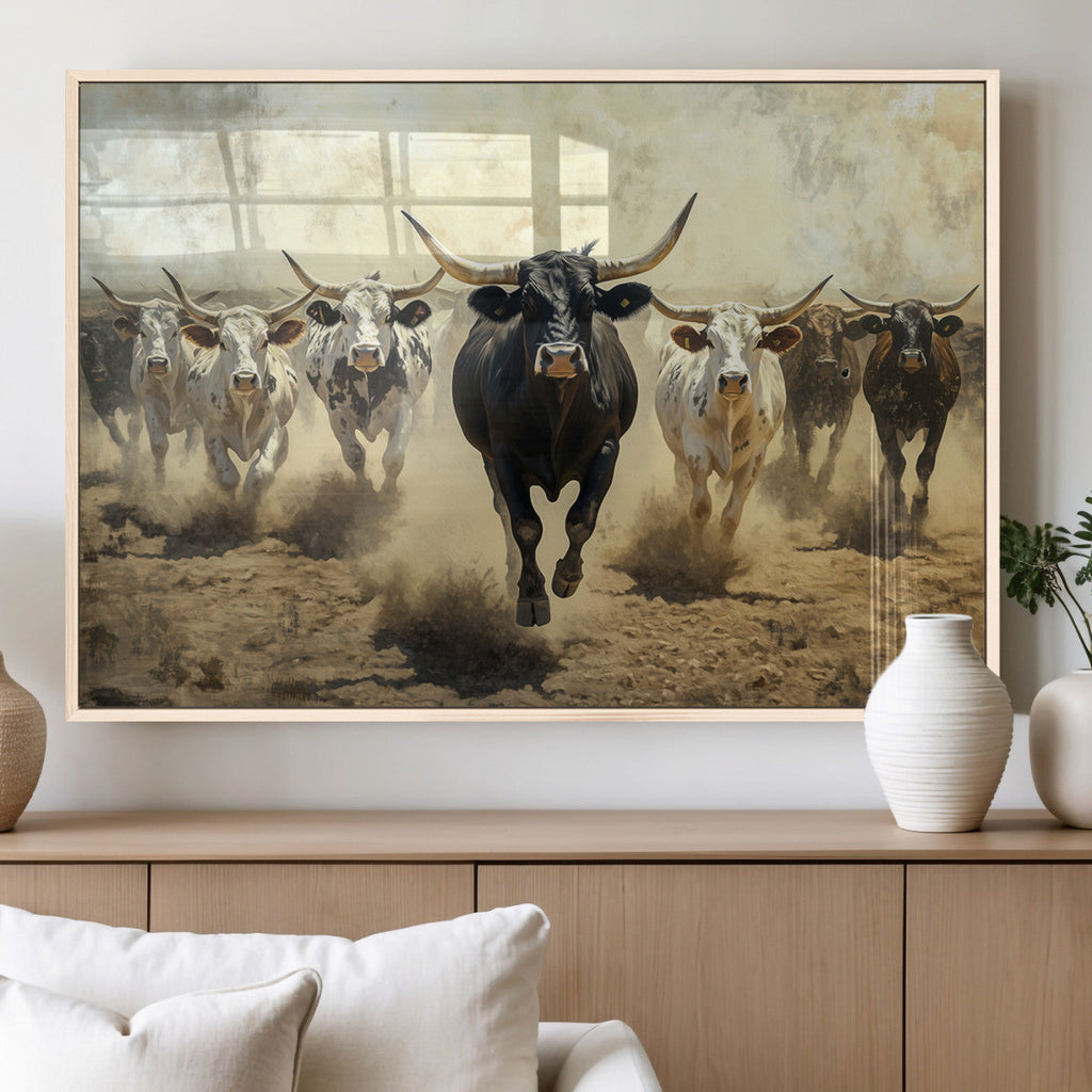 Texas Longhorn Wall Art | Framed Charging Cattle Canvas