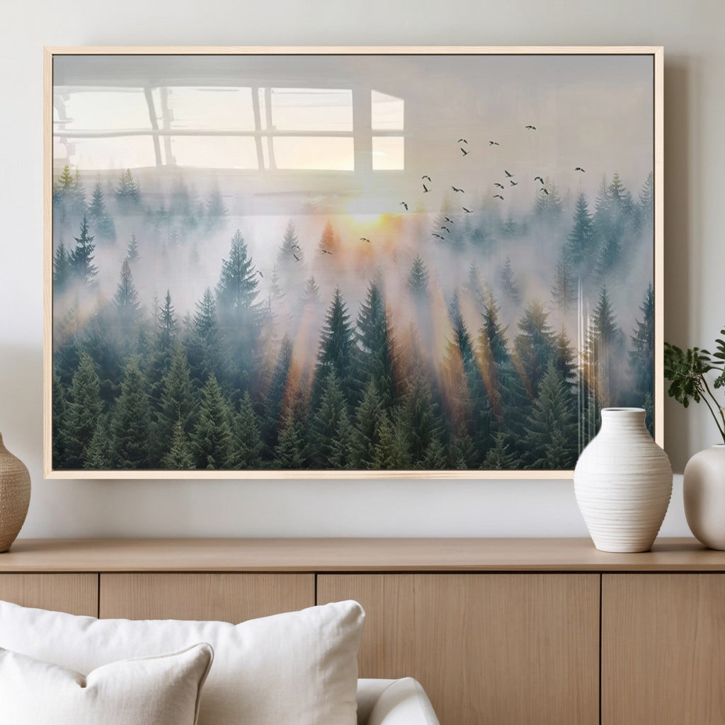 Misty Pine Forest Wall Art Canvas, Sunrise Over Foggy Trees