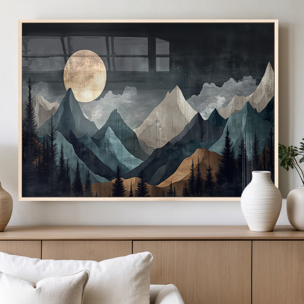 Moonlit Mountain Wall Art Canvas Print, Framed Silhouetted Pines Art, Layered Peaks Rustic Decor
