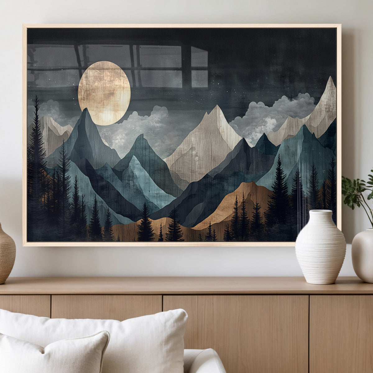 Moonlit Mountain Wall Art Canvas Print, Framed Silhouetted Pines Art, Layered Peaks Rustic Decor