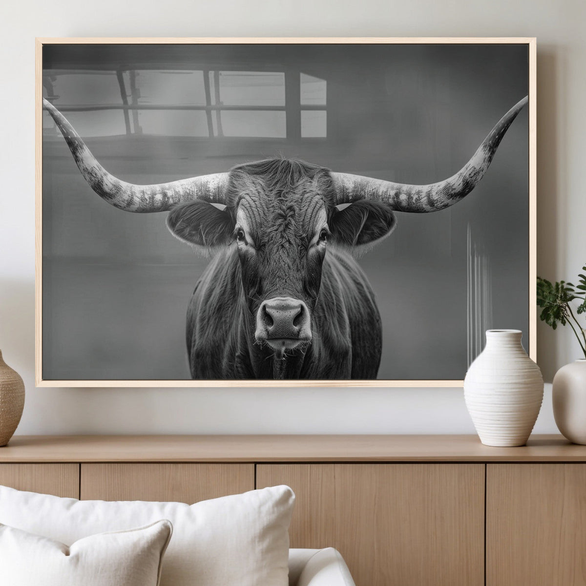 Texas Longhorn Wall Art Canvas Print, Framed Western Bull Photography, Rustic Log Cabin Decor