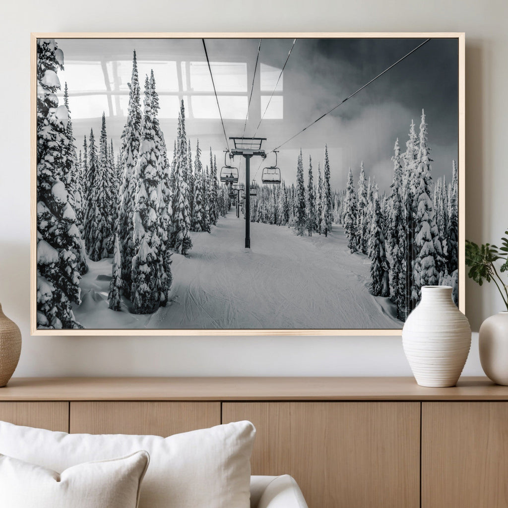 Snowy Pines Wall Art Canvas Print | Ski Lift in a Winter Forest