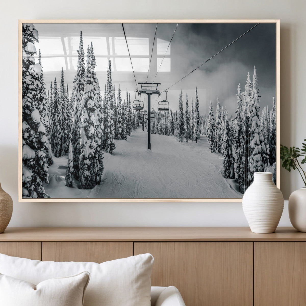 Snowy Pines Wall Art Canvas Print | Ski Lift in a Winter Forest