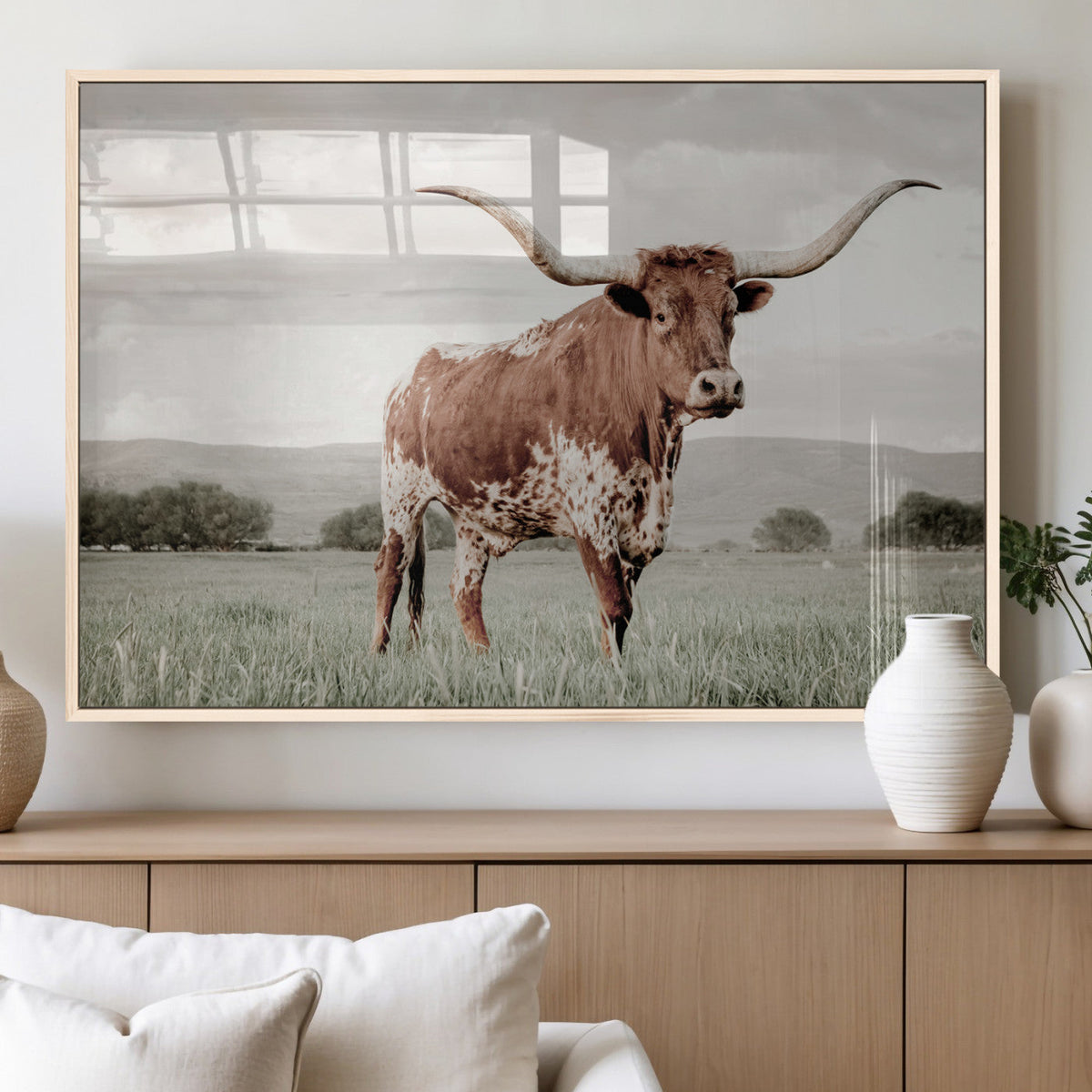 Texas Longhorn Wall Art | Framed Spotted Cattle Canvas