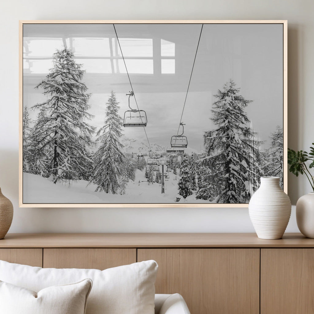 Snowy Ski Lift Wall Art | Framed Winter Forest Canvas