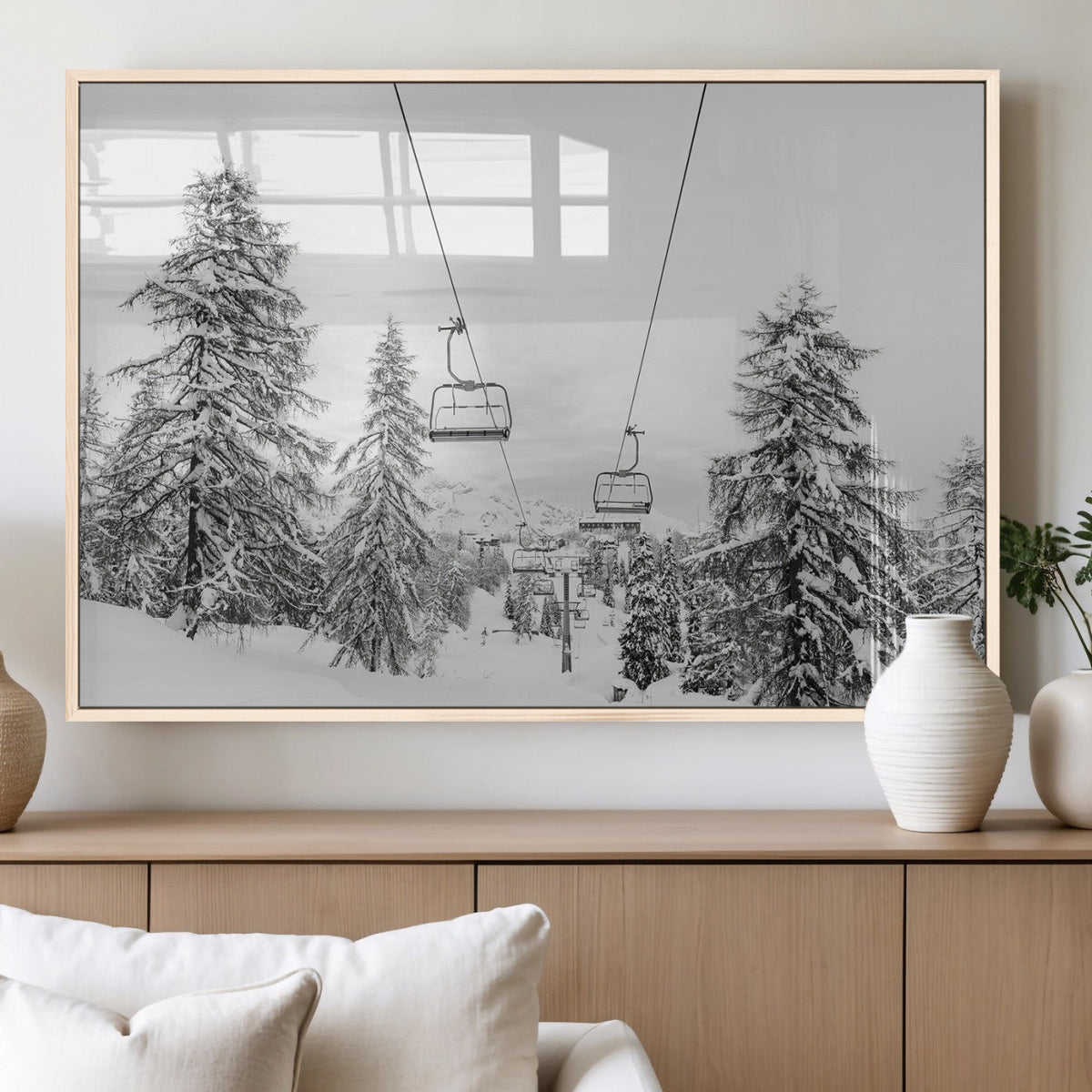 Snowy Ski Lift Wall Art | Framed Winter Forest Canvas