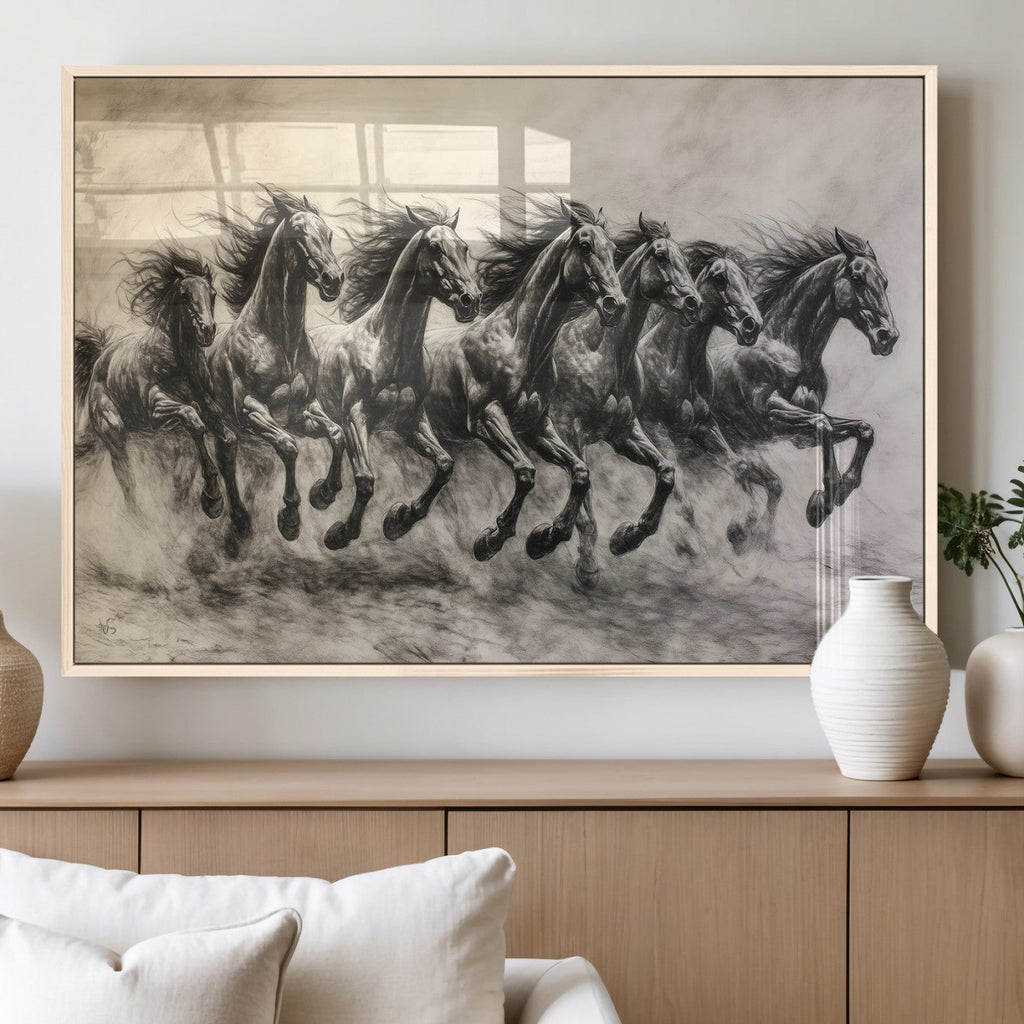 Running Horses Wall Art Canvas Print, Framed Monochrome Galloping Herd Sketch