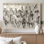 Abstract Horse Wall Art Canvas Print, Framed Horse Sketch with Galloping Herd