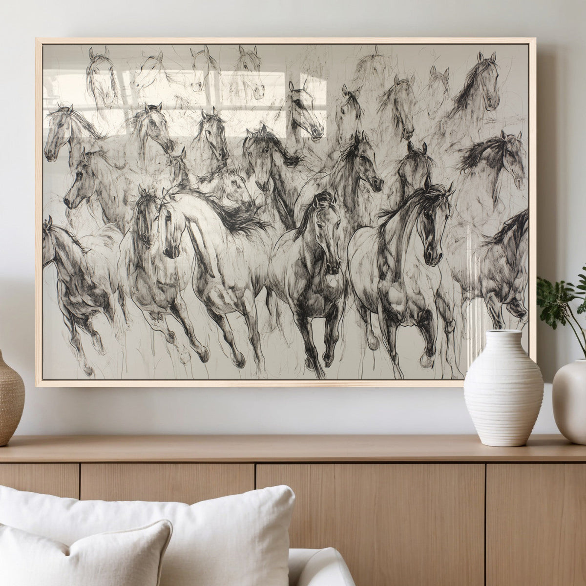 Abstract Horse Wall Art Canvas Print, Framed Horse Sketch with Galloping Herd