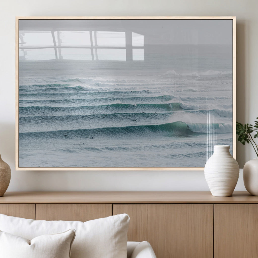 Ocean Waves Wall Art Canvas Print, Framed Surfer Lineup on a Crowded Ocean
