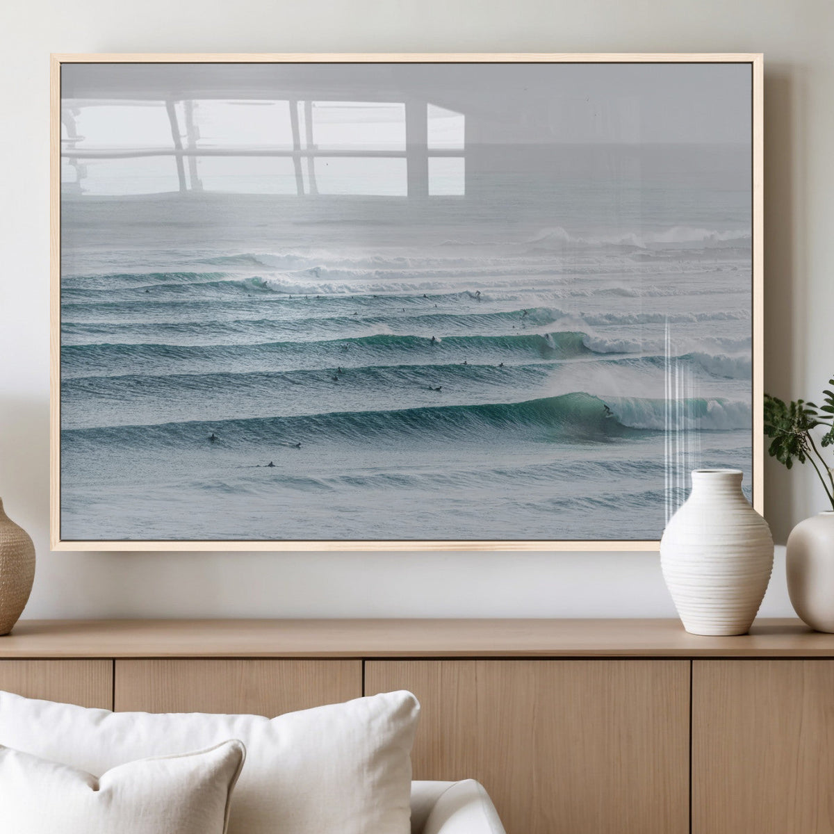 Ocean Waves Wall Art Canvas Print, Framed Surfer Lineup on a Crowded Ocean