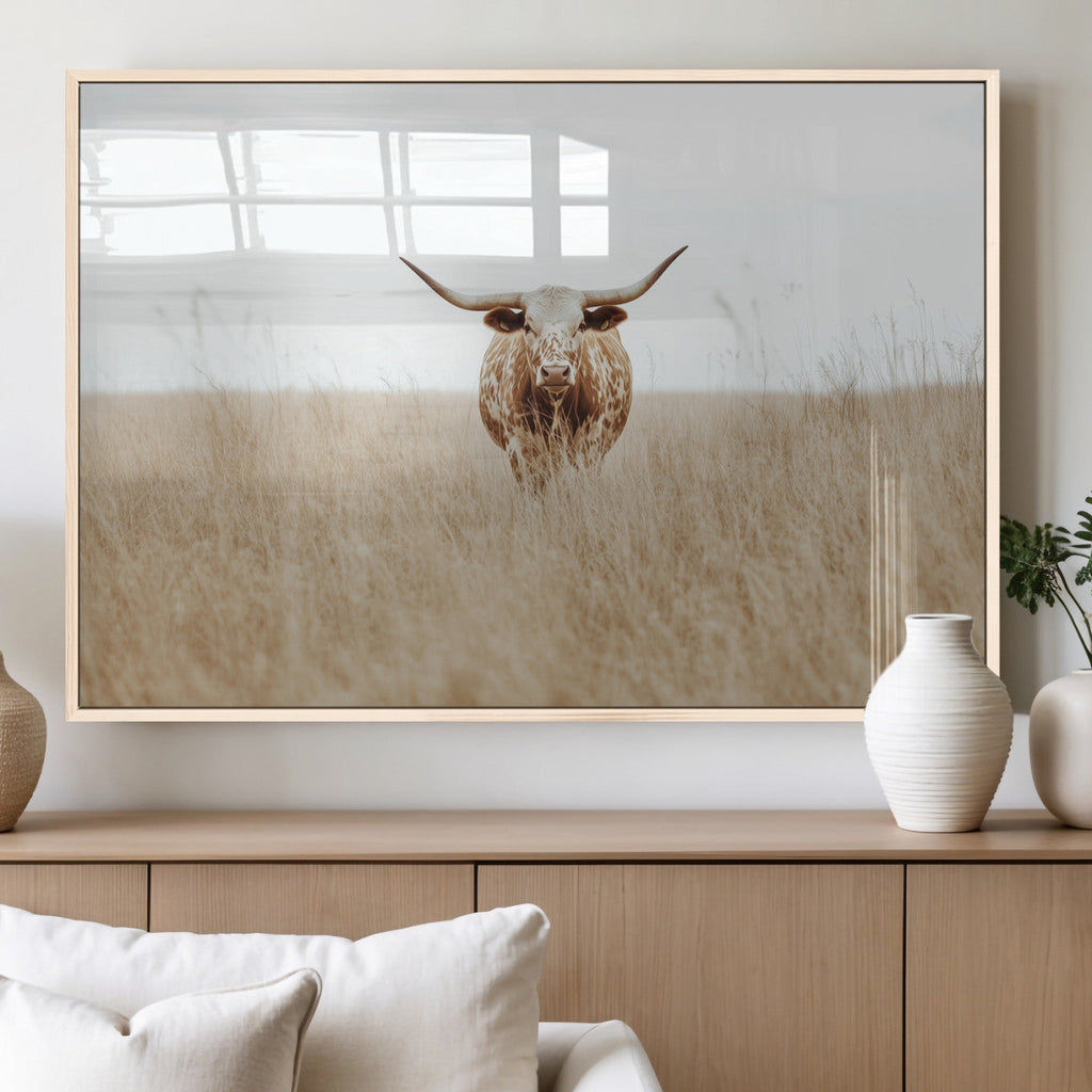 Texas Longhorn Wall Art Canvas Print, Framed Lone Cattle and Longhorn Bull Scene