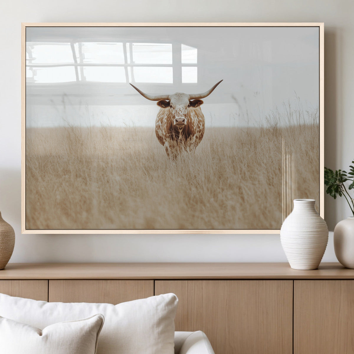 Texas Longhorn Wall Art Canvas Print, Framed Lone Cattle and Longhorn Bull Scene