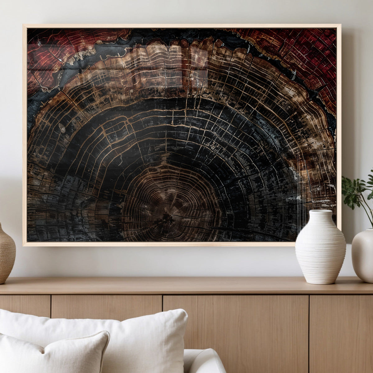 Dark Wood Ring Wall Art Canvas Print, Framed Abstract Tree Slice Print, Rustic Wood Grain Decor