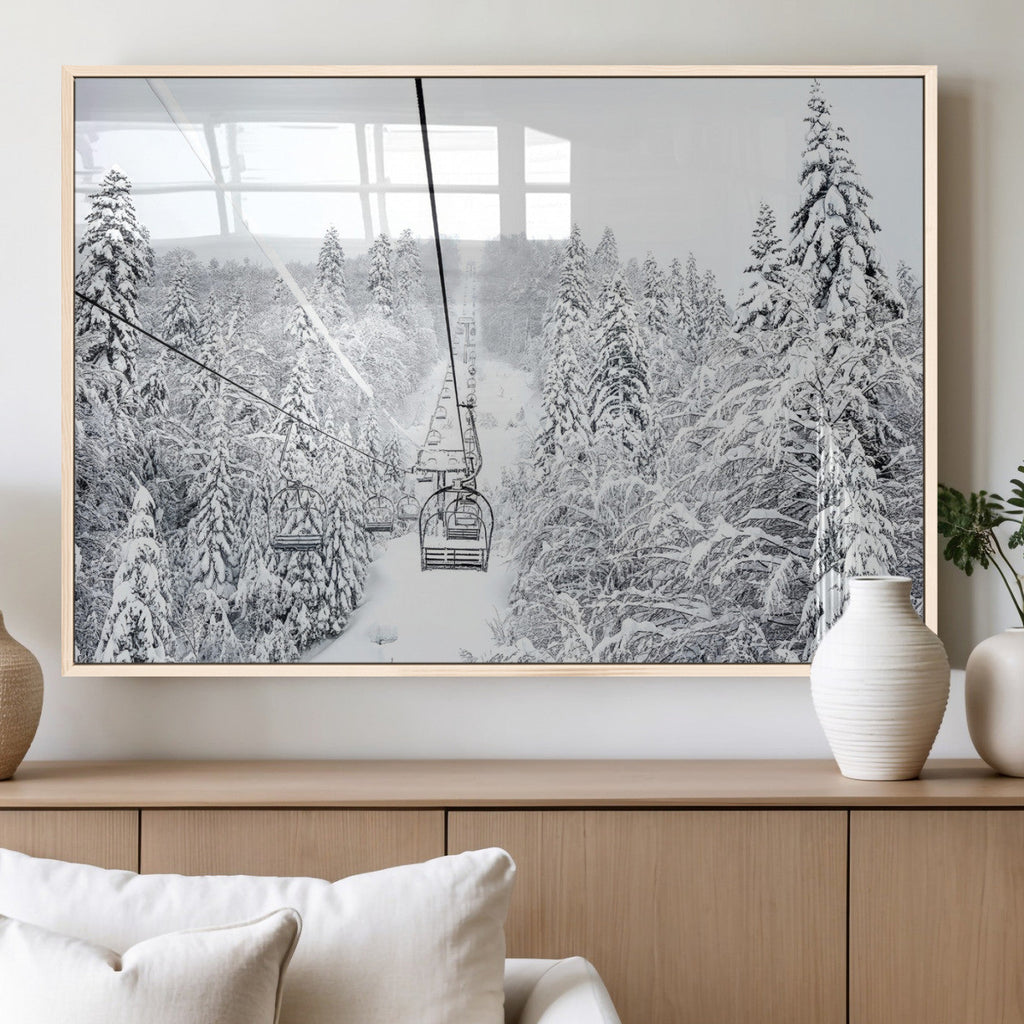 Snowy Ski Lift Wall Art | Framed Winter Mountain Canvas