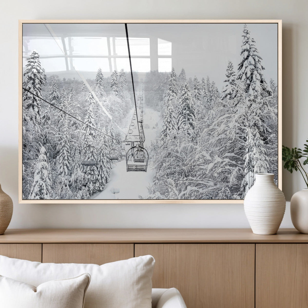 Snowy Ski Lift Wall Art | Framed Winter Mountain Canvas
