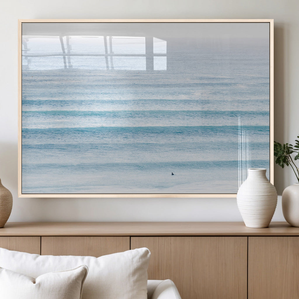 Ocean Wave Surfer Wall Art | Framed Minimal Seascape Canvas