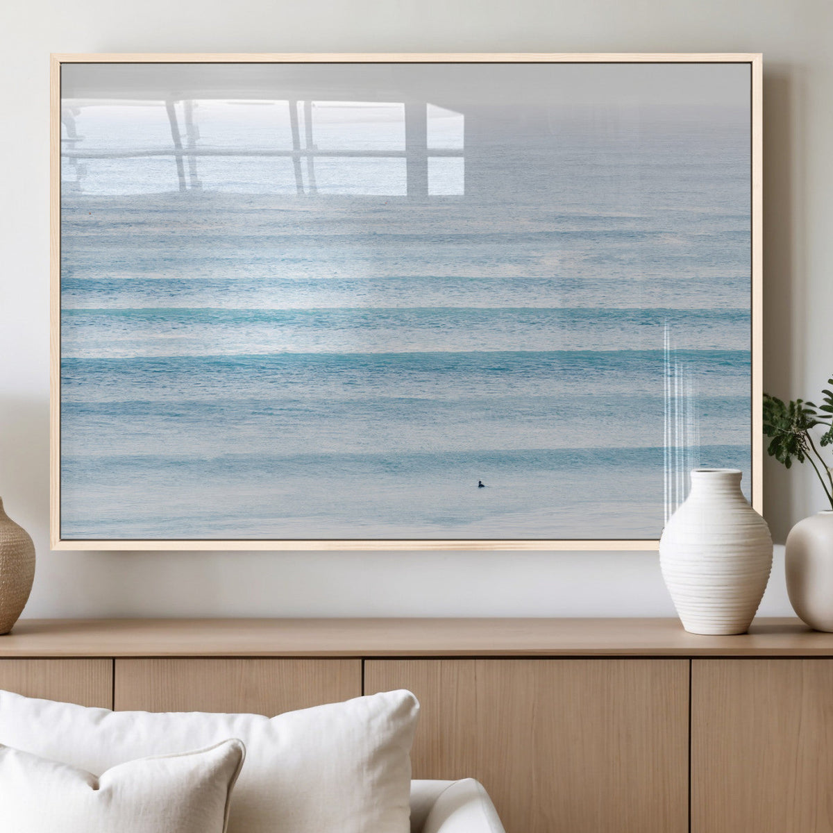 Ocean Wave Surfer Wall Art | Framed Minimal Seascape Canvas