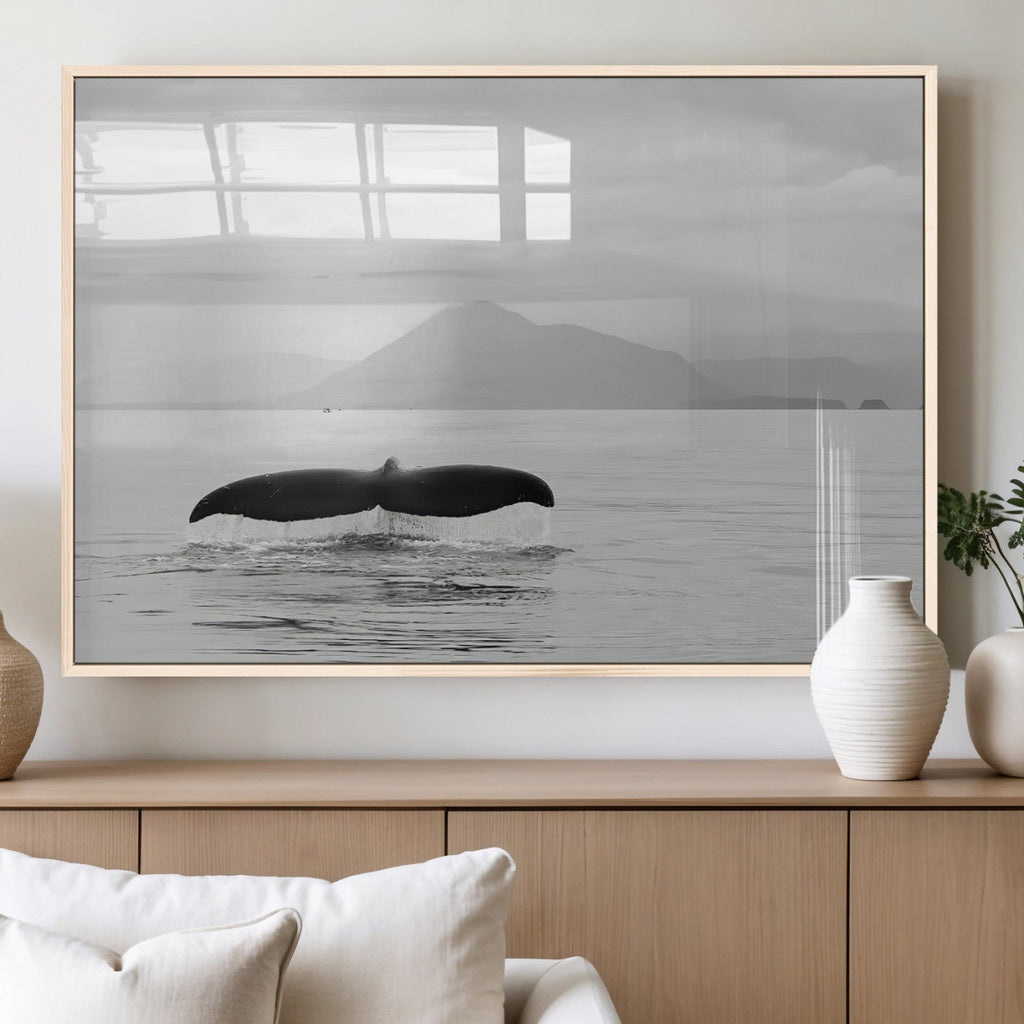 Whale Tail Wall Art | Framed Black White Ocean Canvas