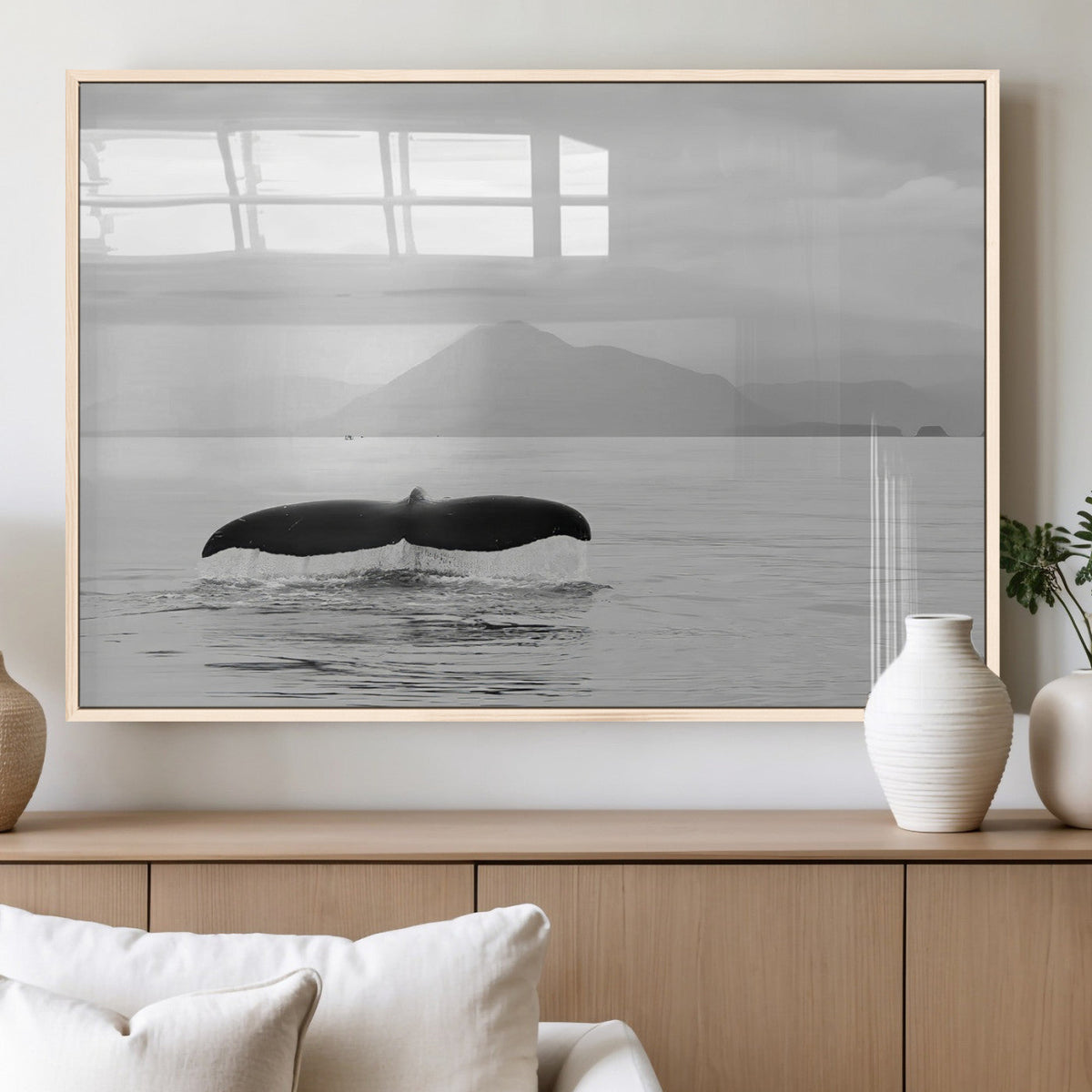 Whale Tail Wall Art | Framed Black White Ocean Canvas