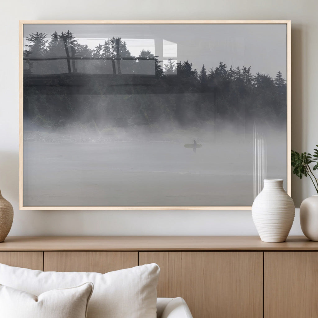 Surfer Fog Wall Art Canvas Print, Framed Foggy Beach and Coastal Surf Scene