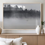 Surfer Fog Wall Art Canvas Print, Framed Foggy Beach and Coastal Surf Scene