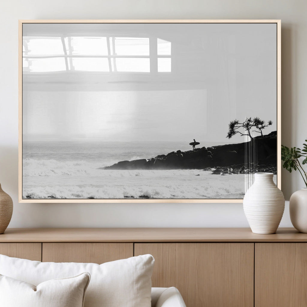 Surfer Cliffs Wall Art Canvas Print, Framed Black White Beach and Ocean Waves