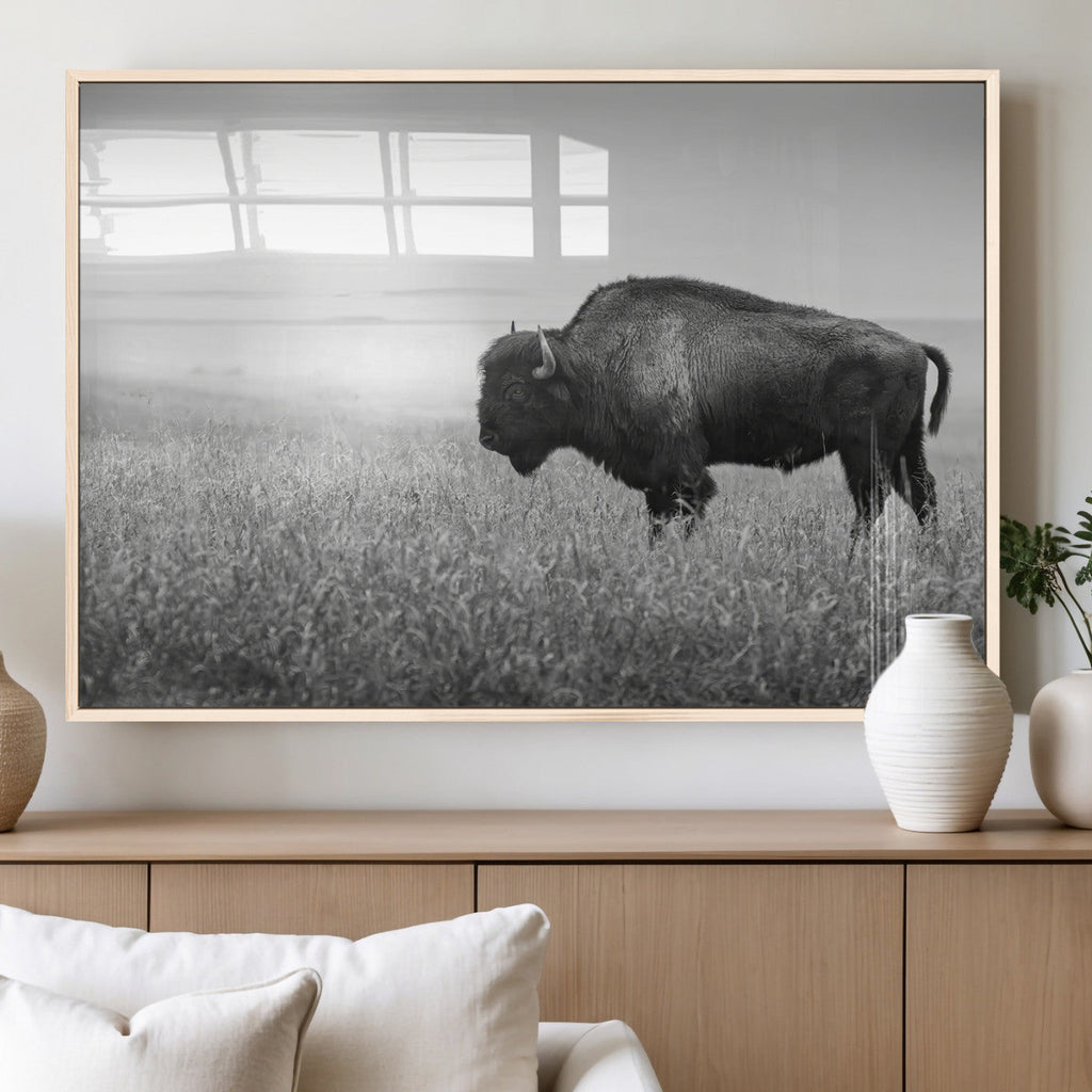 Bison Wall Art Canvas Print, Framed Rustic Wildlife Scene with Wild Buffalo