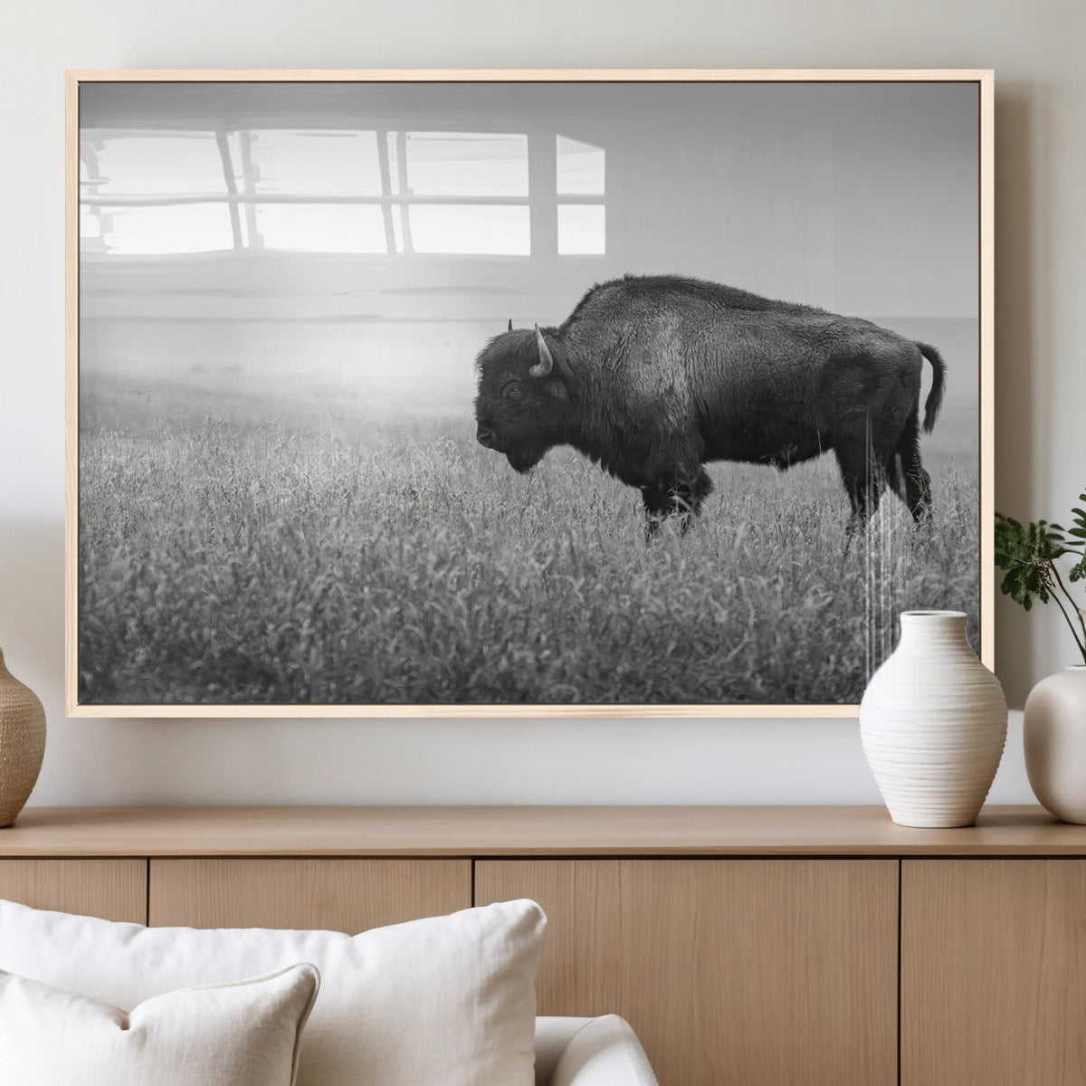 Bison Wall Art Canvas Print, Framed Rustic Wildlife Scene with Wild Buffalo