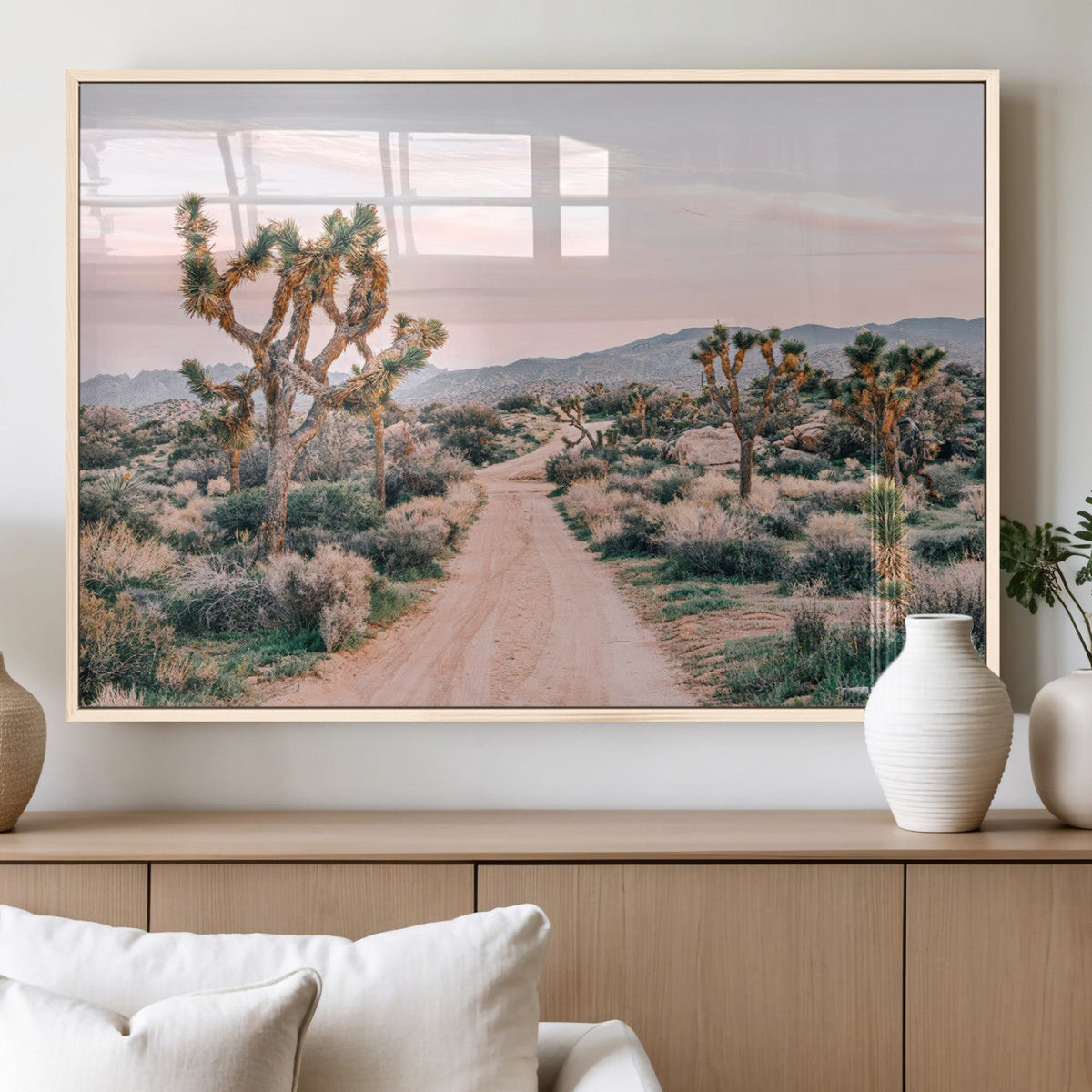 Joshua Tree Wall Art Canvas Print, Framed Desert Road Scene at Sunset