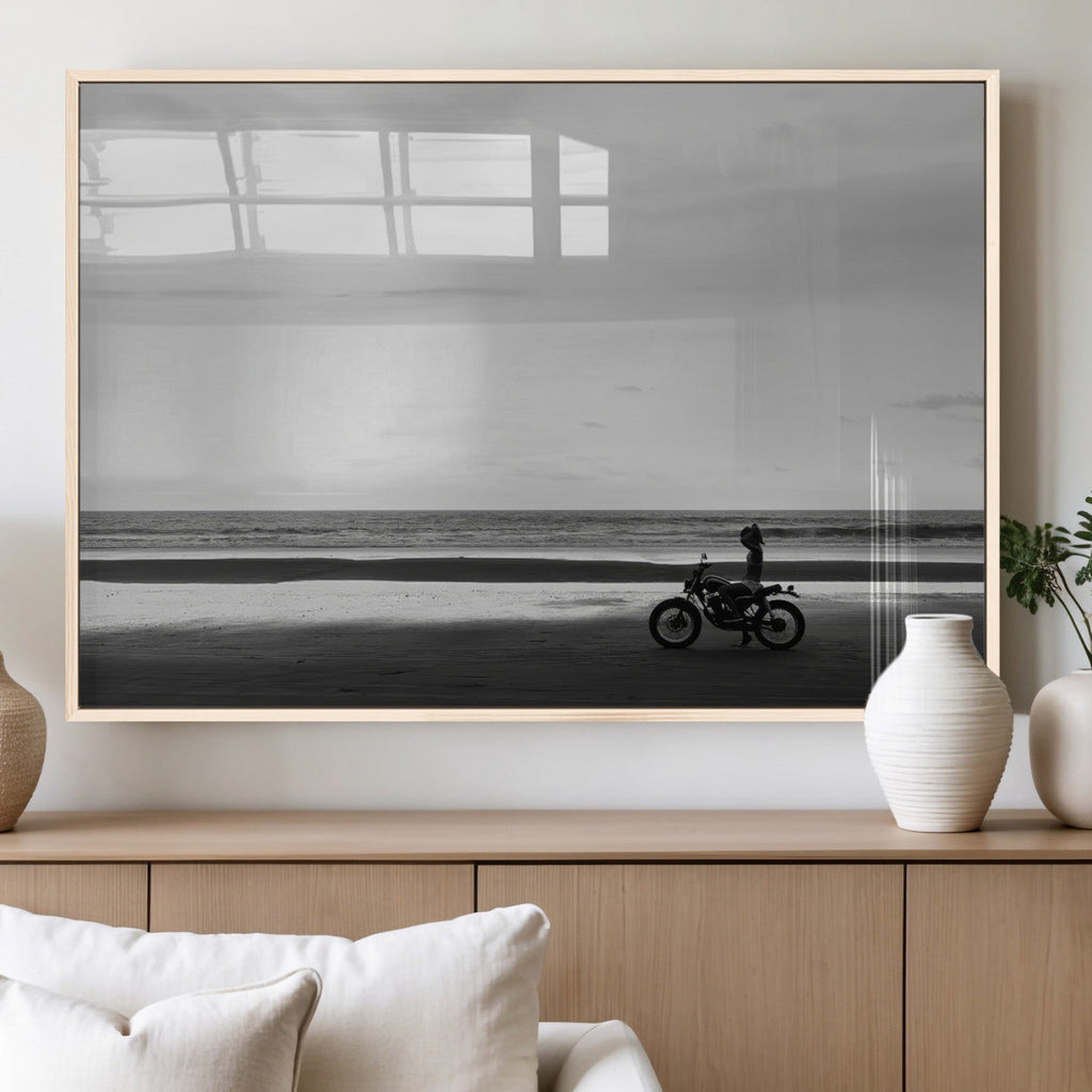 Motorcycle Beach Wall Art Canvas Print, Framed Vintage Motorcycle and Biker Silhouette