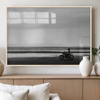 Motorcycle Beach Wall Art Canvas Print, Framed Vintage Motorcycle and Biker Silhouette