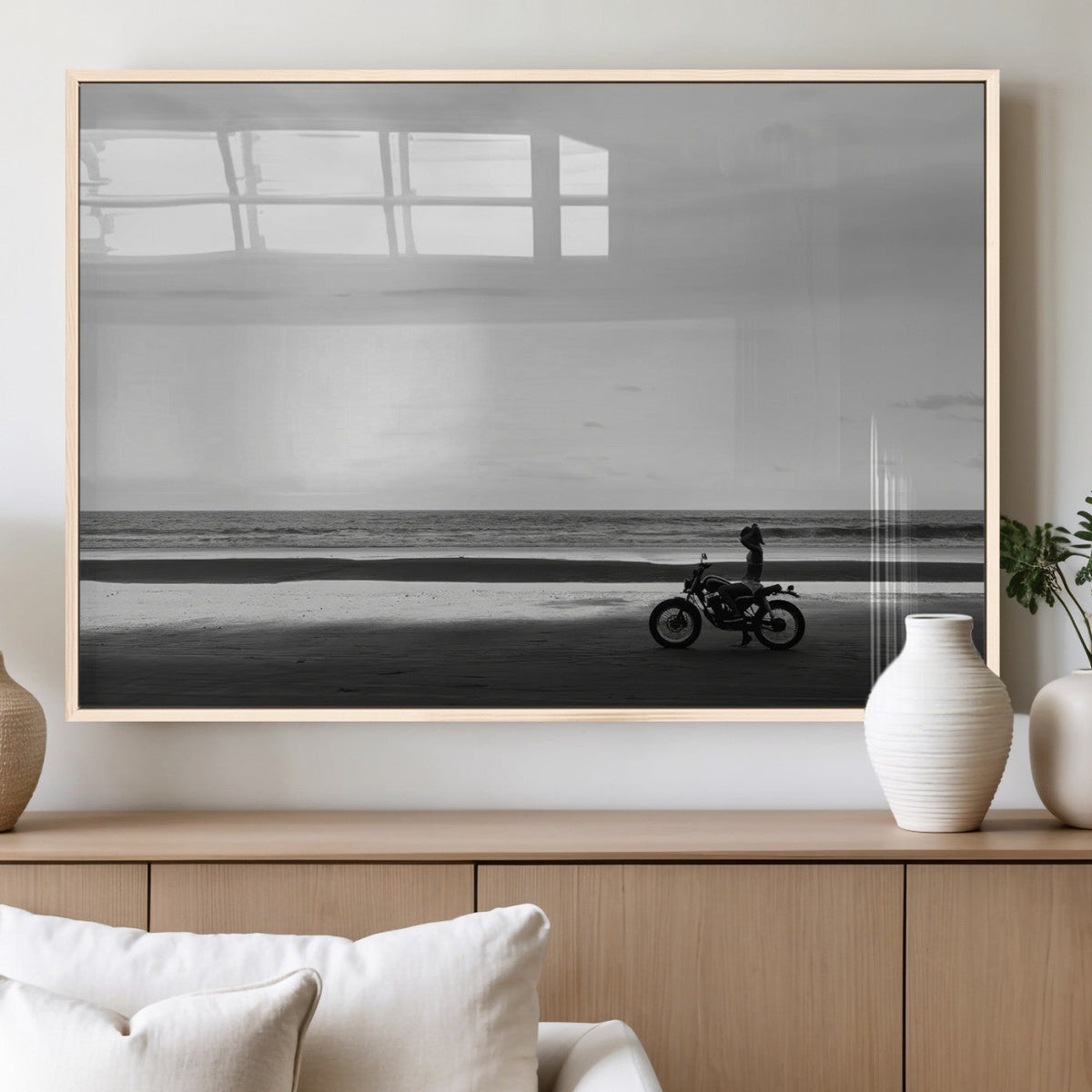 Motorcycle Beach Wall Art Canvas Print, Framed Vintage Motorcycle and Biker Silhouette