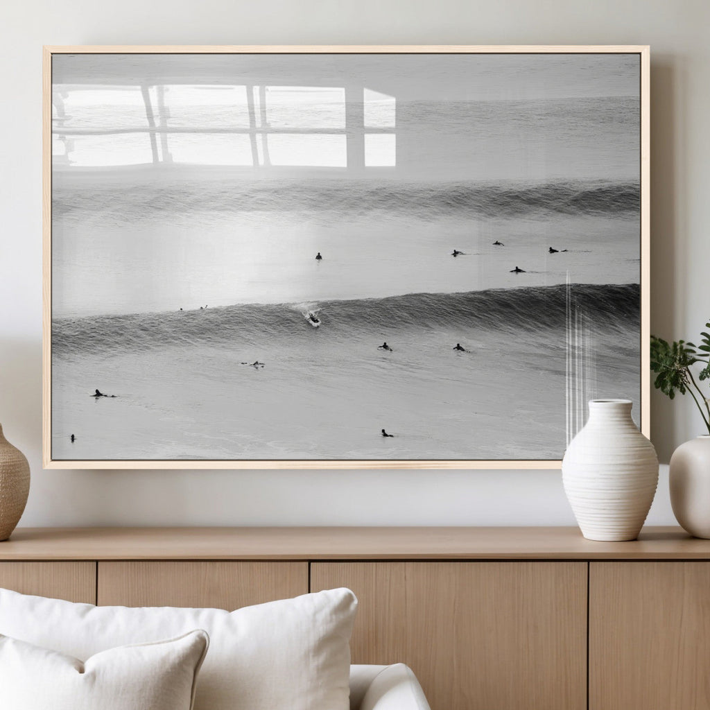 Black White Ocean Wall Art Canvas Print, Framed Coastal Sport and Ocean Swimmers Scene