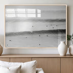 Black White Ocean Wall Art Canvas Print, Framed Coastal Sport and Ocean Swimmers Scene