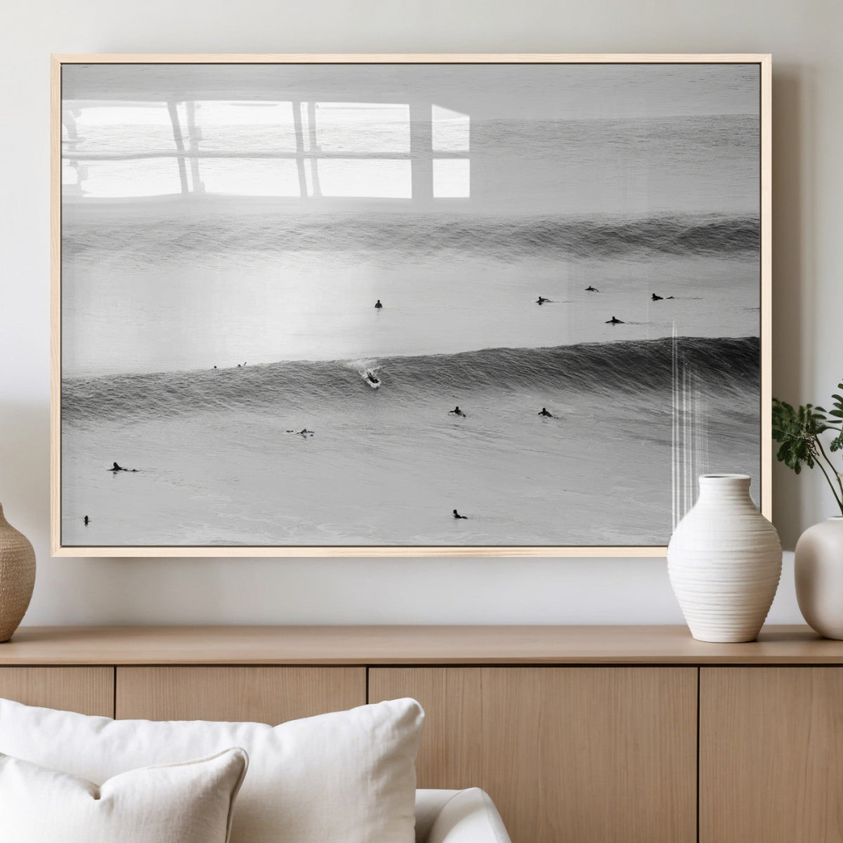 Black White Ocean Wall Art Canvas Print, Framed Coastal Sport and Ocean Swimmers Scene