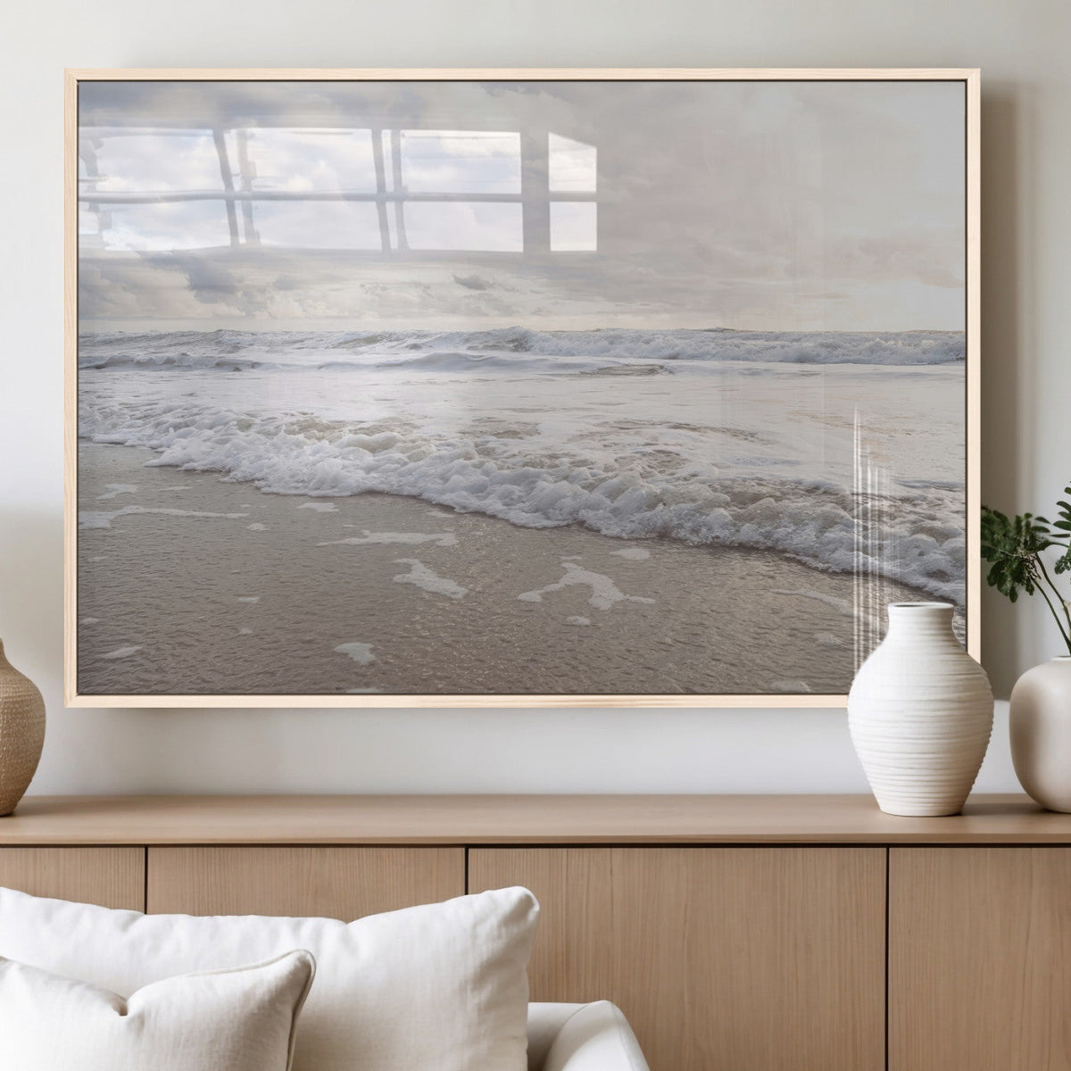 Ocean Waves Wall Art Canvas Print, Framed Coastal Shoreline Sea Foam Artwork