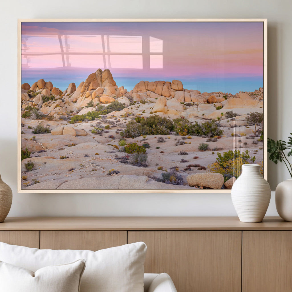 Vibrant Sunset Sky Wall Art Canvas Print, Framed Joshua Tree Desert Artwork