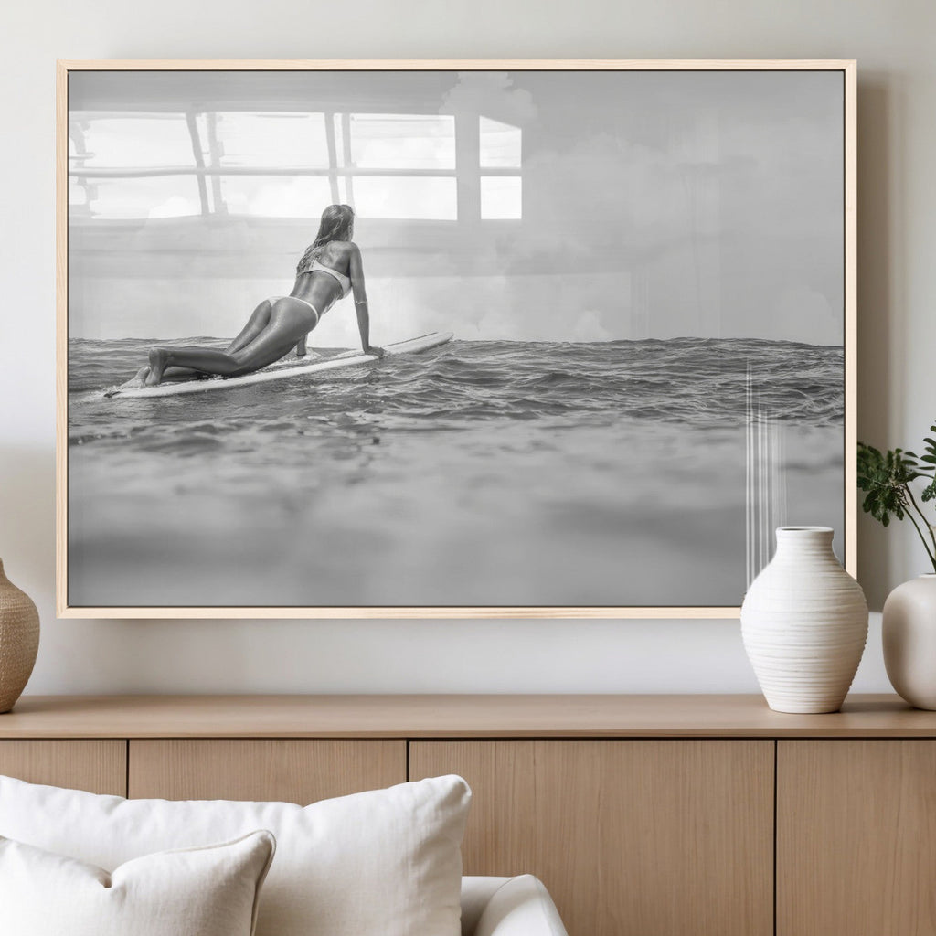 Black and White Surfing Wall Art Canvas Print, Framed Ocean Horizon Surfer Girl