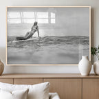 Black and White Surfing Wall Art Canvas Print, Framed Ocean Horizon Surfer Girl