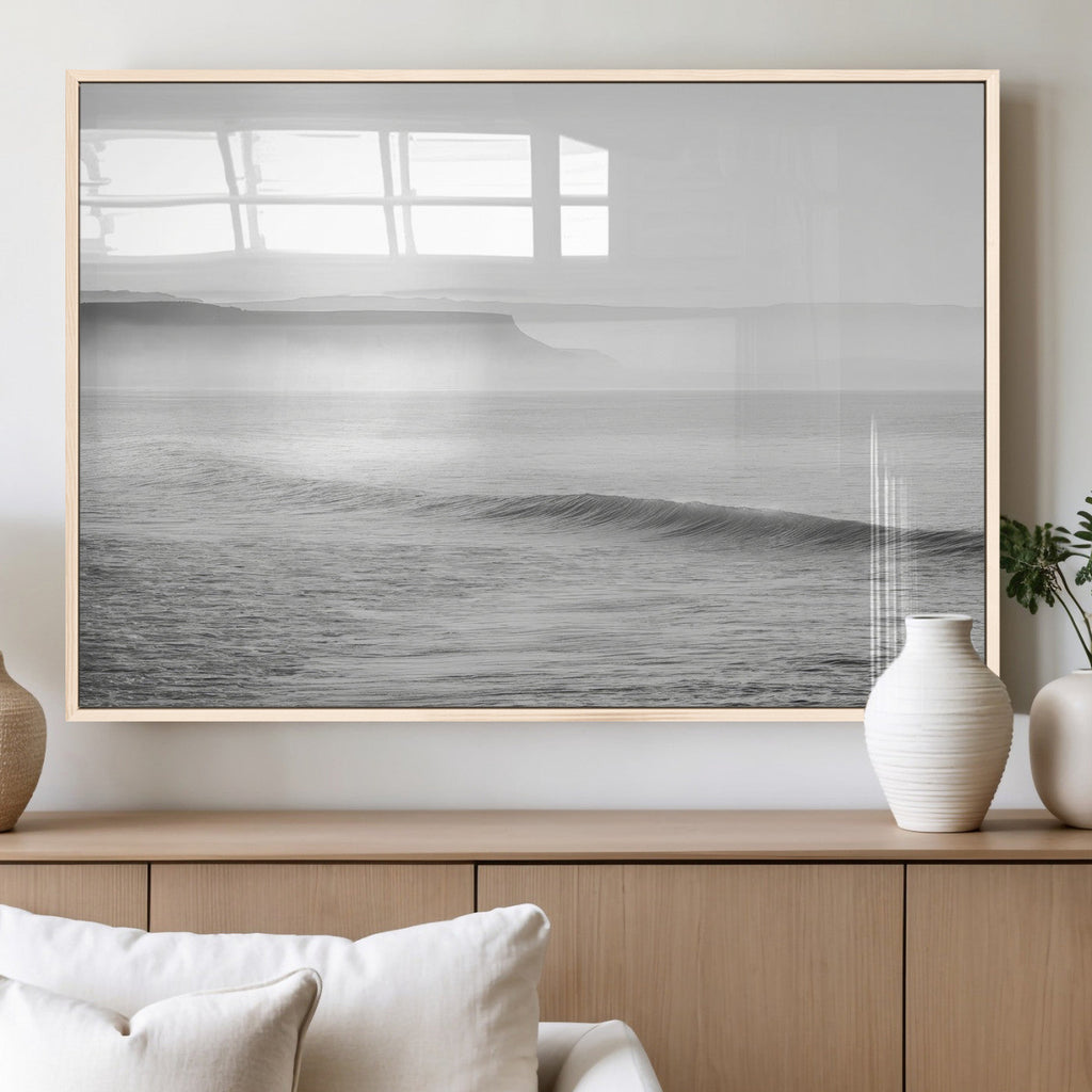 Black and White Seascape Wall Art Canvas Print, Framed Misty Ocean Waves
