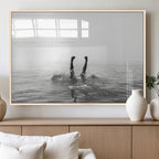 Black White Ocean Wall Art Canvas Print, Framed Monochrome Diving into Water Artwork