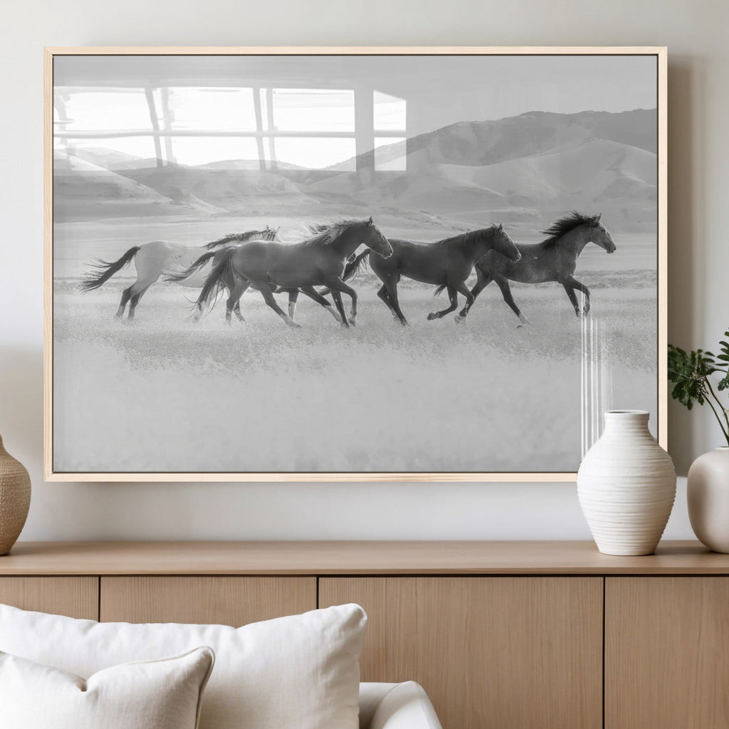 Wild Horses Running Wall Art Canvas Print, Framed Black White Mustangs Artwork