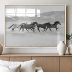 Wild Horses Running Wall Art Canvas Print, Framed Black White Mustangs Artwork