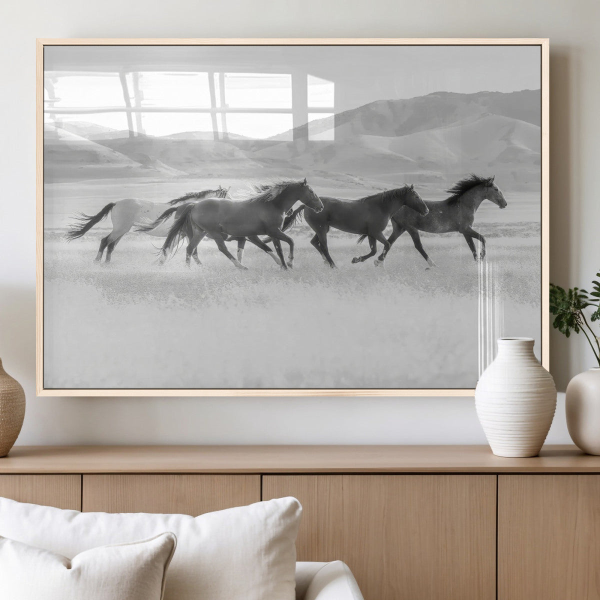 Wild Horses Running Wall Art Canvas Print, Framed Black White Mustangs Artwork