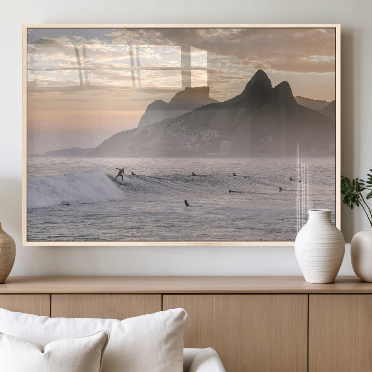 Sunset Surfing Wall Art Canvas Print, Framed Misty Mountains and Surfer Riding a Wave