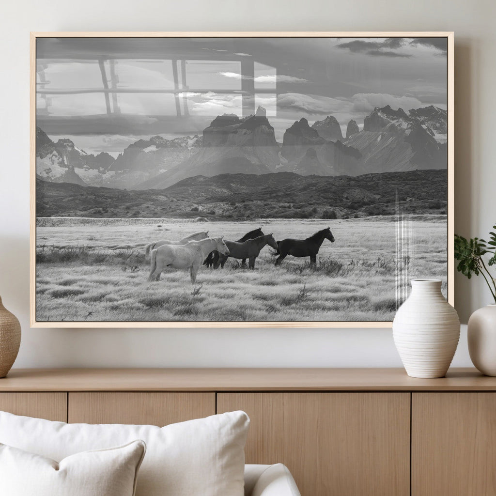 Wild Horses Wall Art | Framed Black White Mountain Canvas